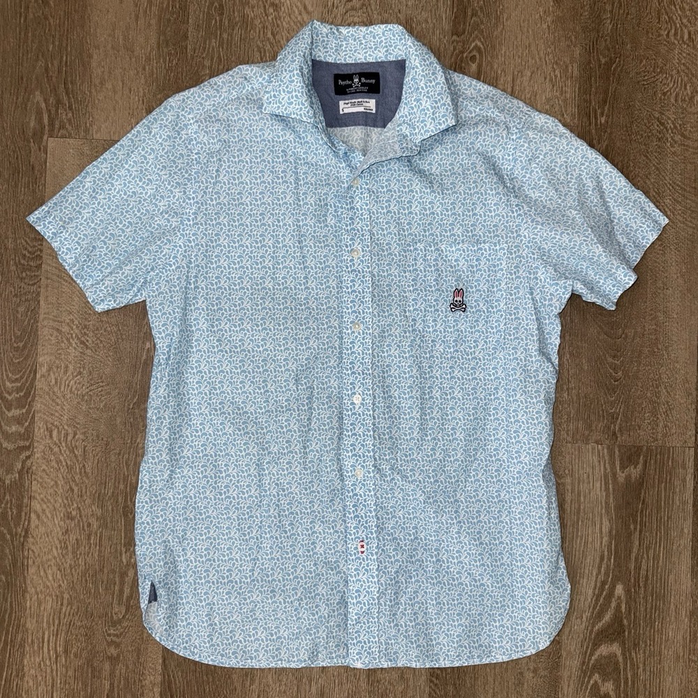 Psycho Bunny Short Sleeve Button Up Shirt Men's Small Blue Floral Single Needle - Picture 2 of 5